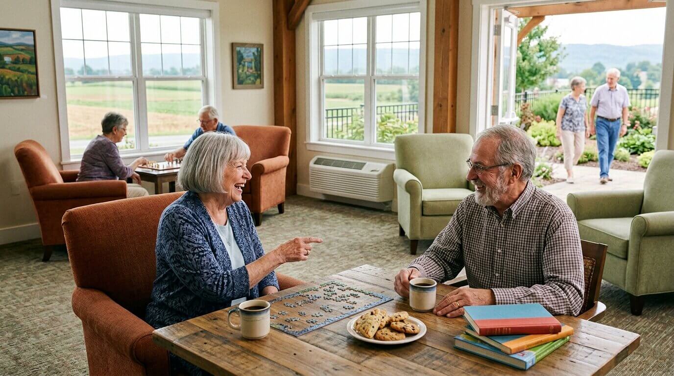 Three older couples sharing smiles and conversation while seated comfortably around a community living room table.