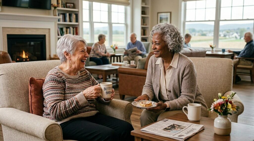 Two older adults enjoying some snacks with coffee and chatting in a community living area in senior living.