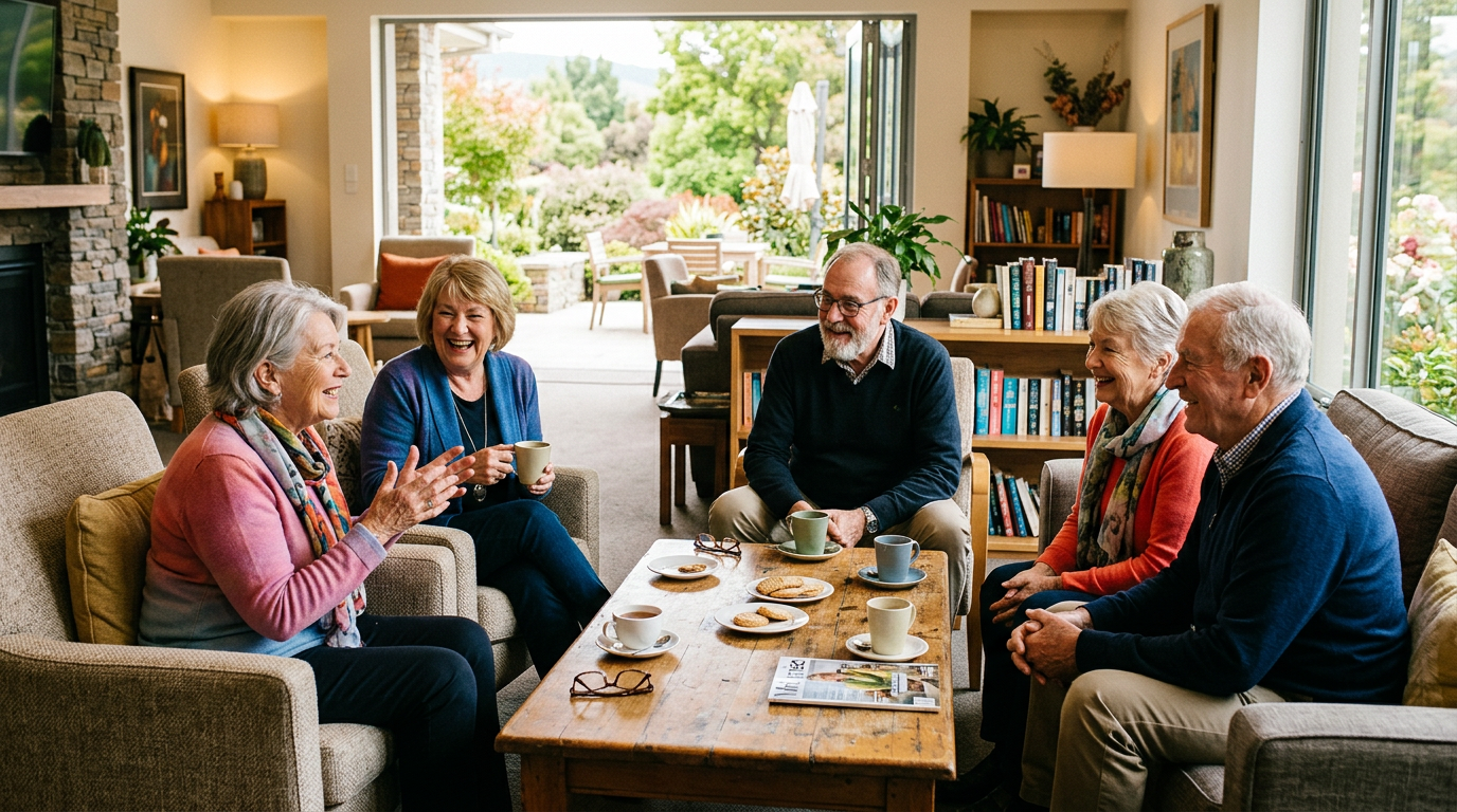 A group of older adults eat snacks, drink coffee, and chat in a senior living community.