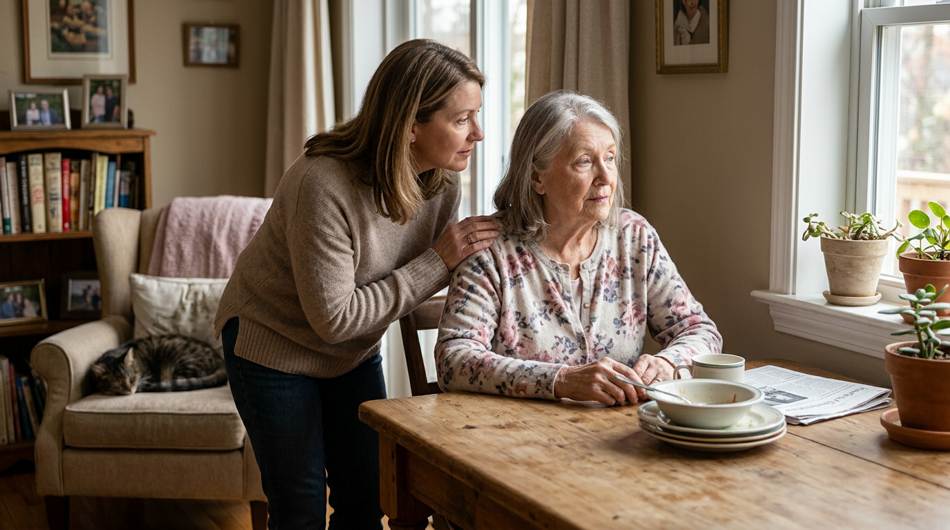 A family member helps an older adult at home and appears concerned.