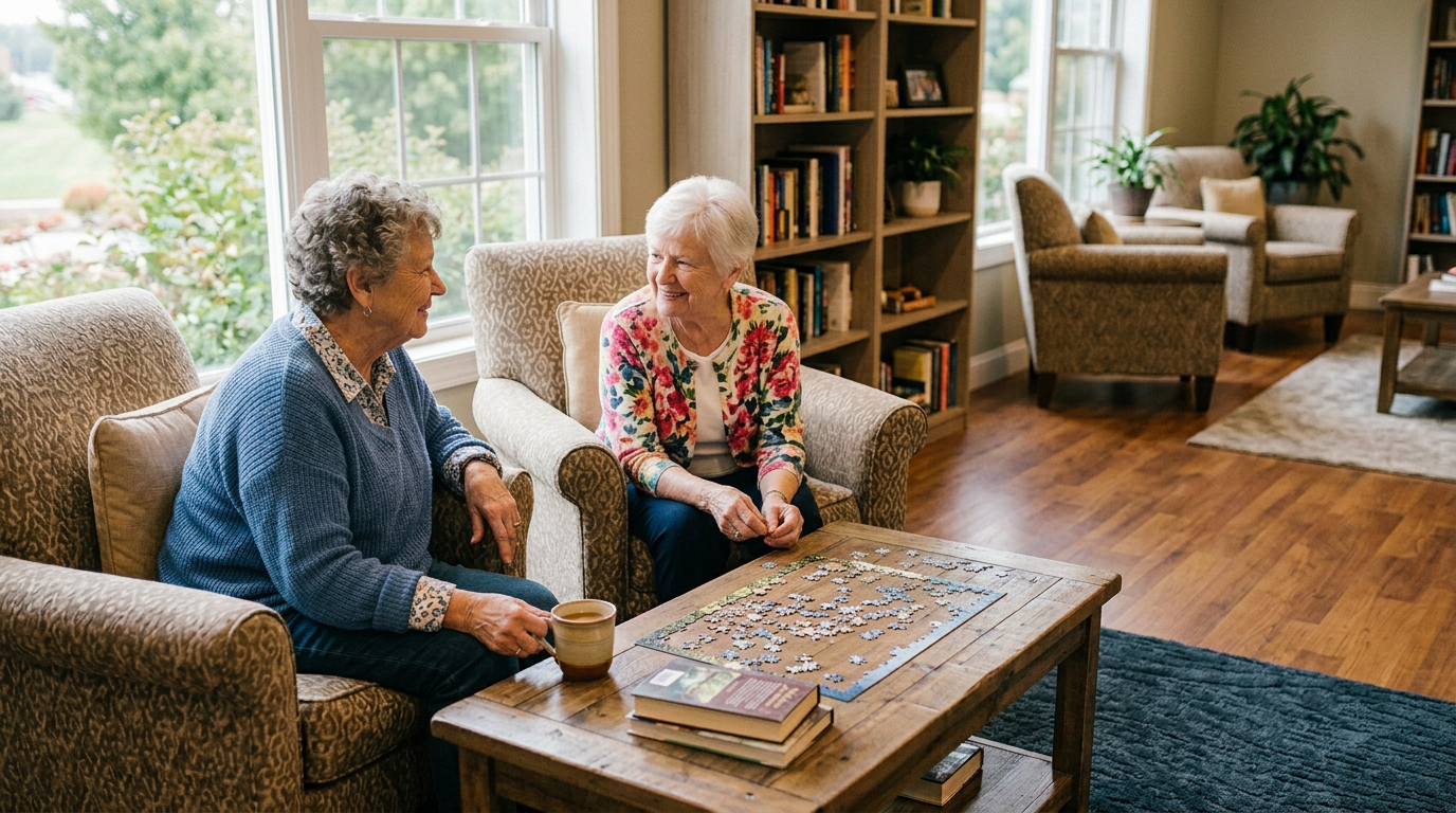 Two friends laughing together around a small table with tea and a puzzle.