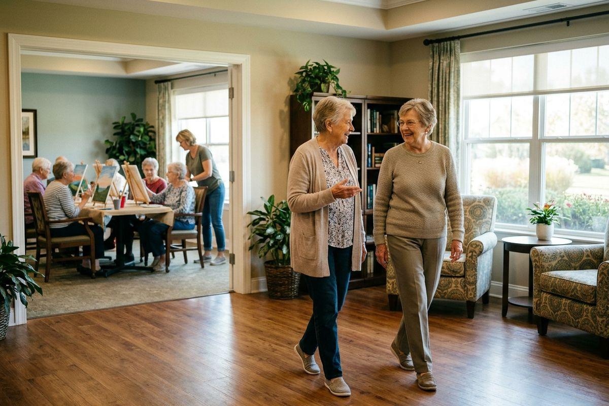 A pair of smiling seniors walks by a lively art session in a bright common area in an assisted living community.