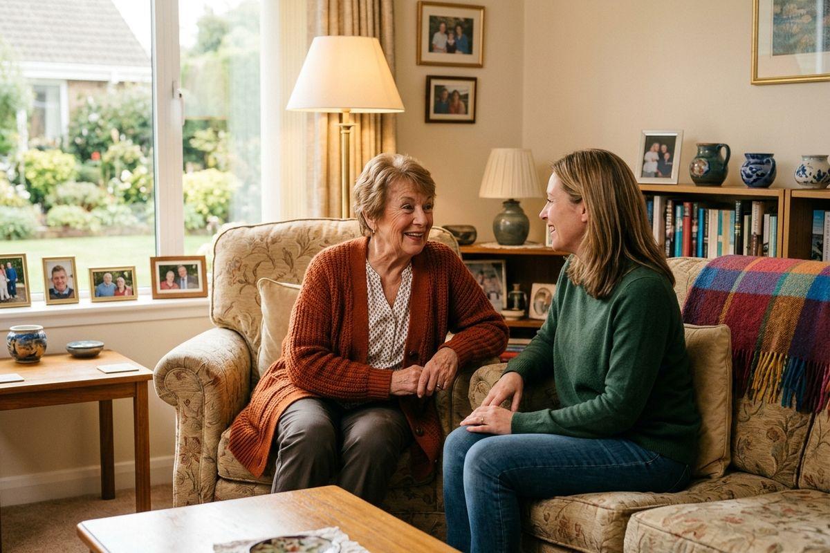 An older adult and their family member smile as they sit together, planning a move to a senior living community.