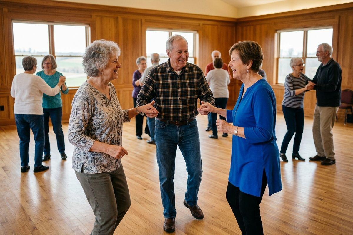 A group of older adults participates in a community dance class, having fun and staying physically active.