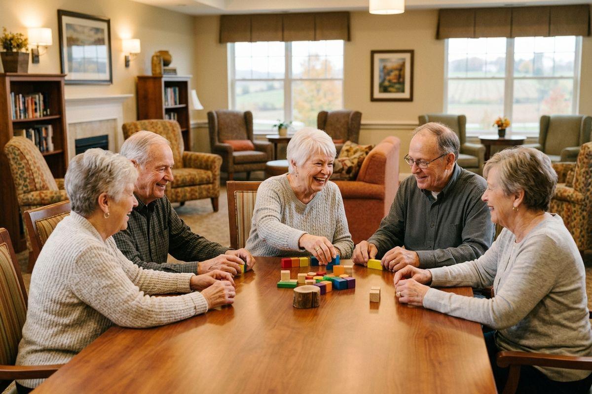A group of older adults sits around a table, arranging colorful blocks and engaging in the social scene in a comfortable community living room.