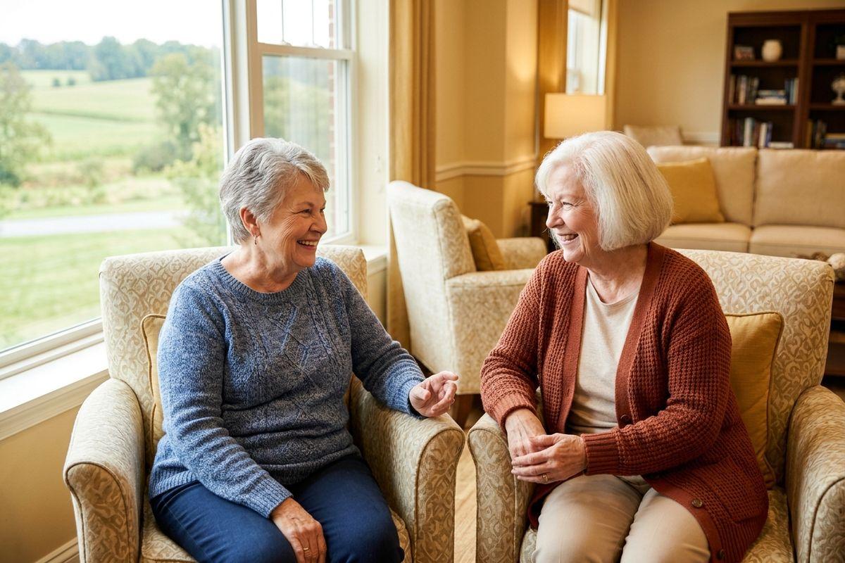 Two older adults sit in chairs, talking and laughing in a bright room.