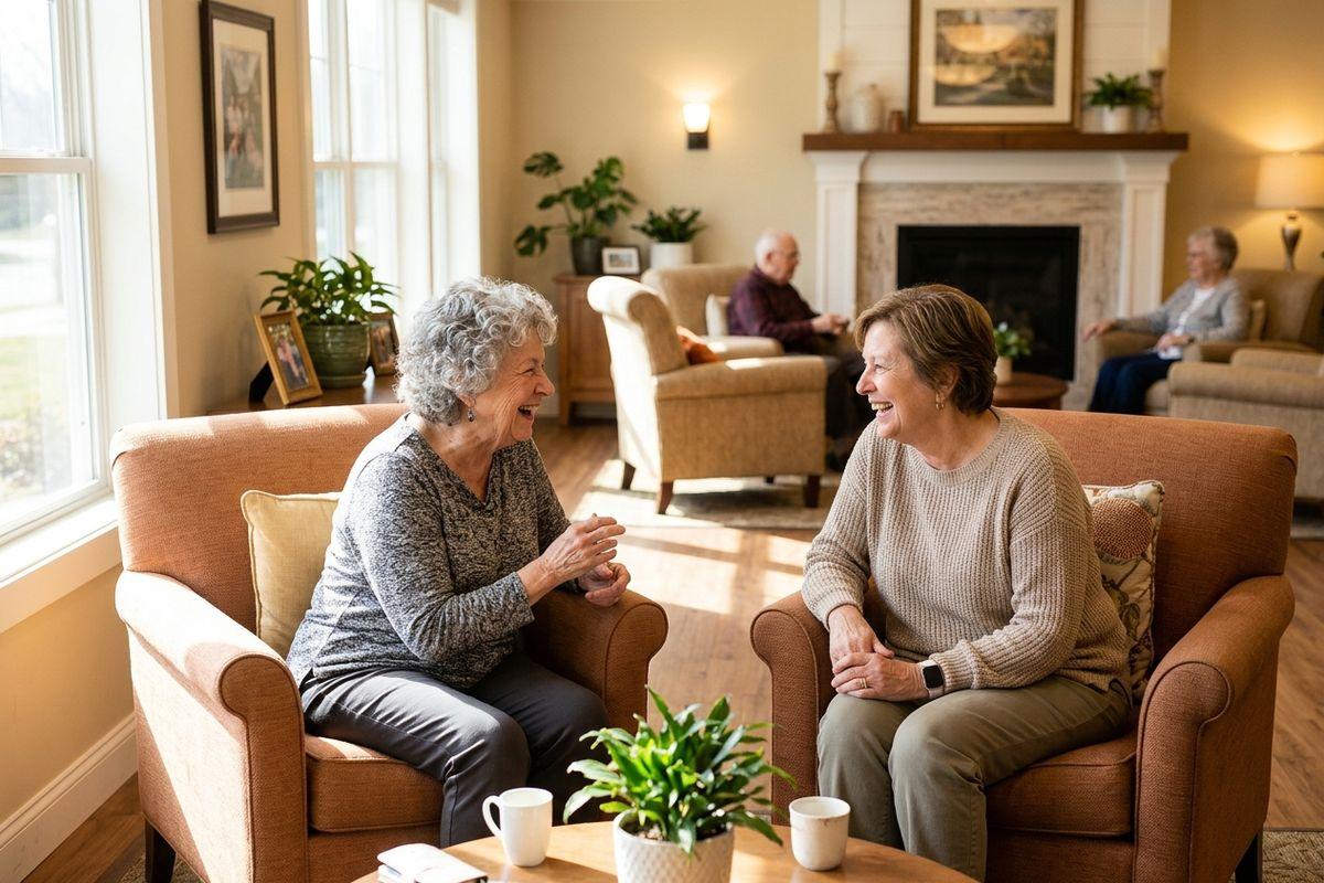 Two older adults sit in brown chairs, laughing together in a bright room.