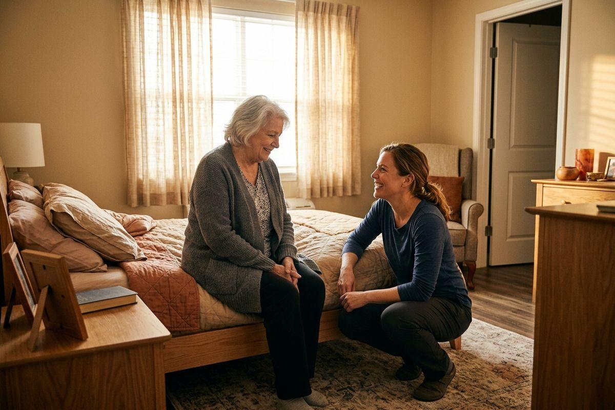 Older adult sits on the edge of a bed, smiling, while a younger adult crouches beside them in a sunlit bedroom, both talking.