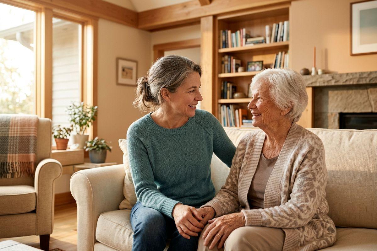 An older adult and their adult child sit together on a sofa in a living room, holding hands and smiling at each other, with bookshelves and a fireplace behind them.